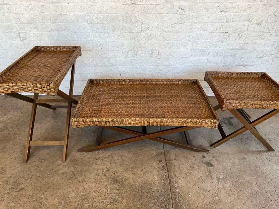 JUST ADDED - Set Of Three Pier 1 Imports Side Tables Coffee Table Collapsible Stands Trays 35 X 18 X 31, 48 X 30 X 16, 24 X 24 X 22 [Photo 3]