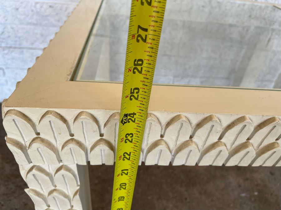 JUST ADDED - Pair Of Painted White Wooden Side Tables With Glass Tops 26W X 26D X 24H [Photo 10]