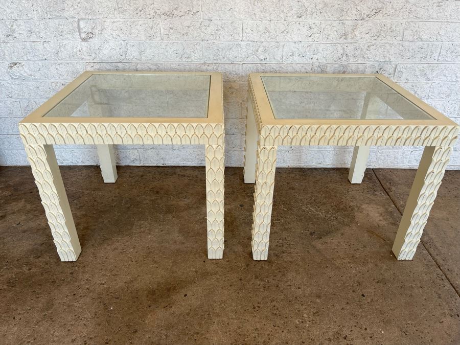 JUST ADDED - Pair Of Painted White Wooden Side Tables With Glass Tops 26W X 26D X 24H [Photo 1]