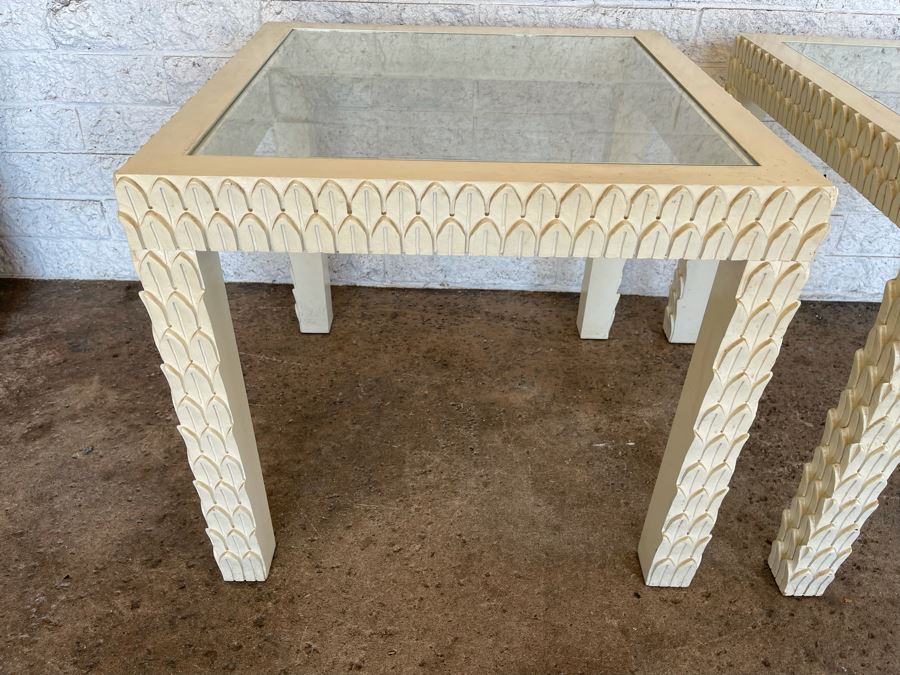 JUST ADDED - Pair Of Painted White Wooden Side Tables With Glass Tops 26W X 26D X 24H [Photo 4]