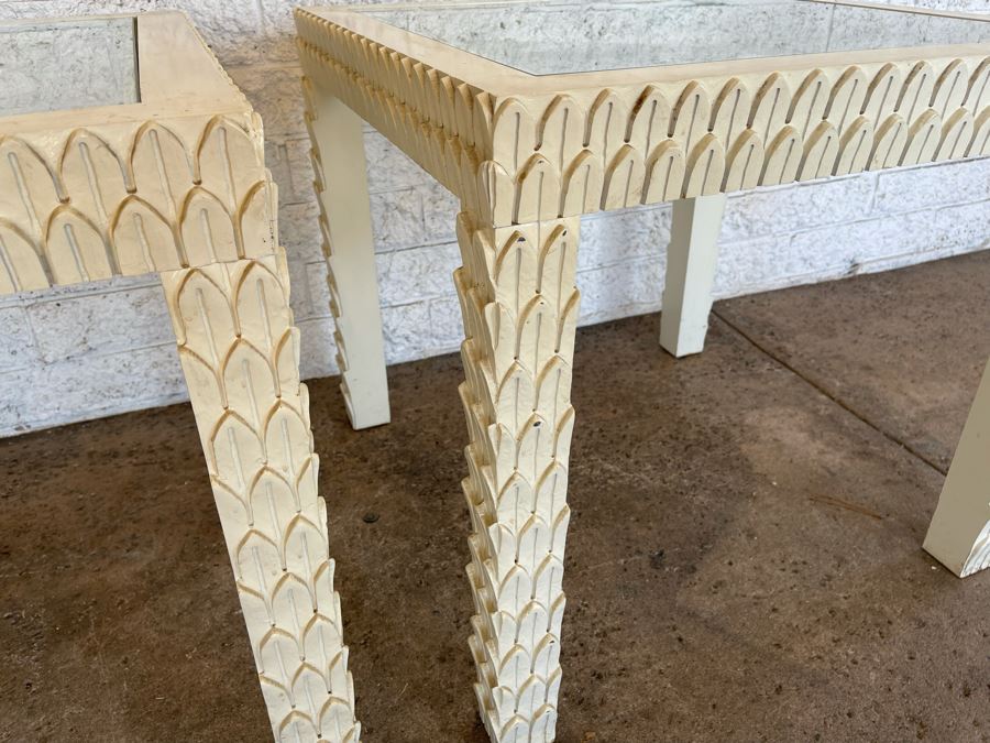 JUST ADDED - Pair Of Painted White Wooden Side Tables With Glass Tops 26W X 26D X 24H [Photo 6]