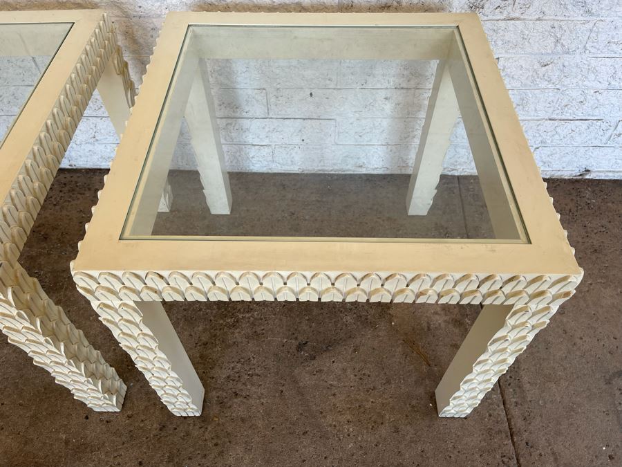 JUST ADDED - Pair Of Painted White Wooden Side Tables With Glass Tops 26W X 26D X 24H [Photo 7]