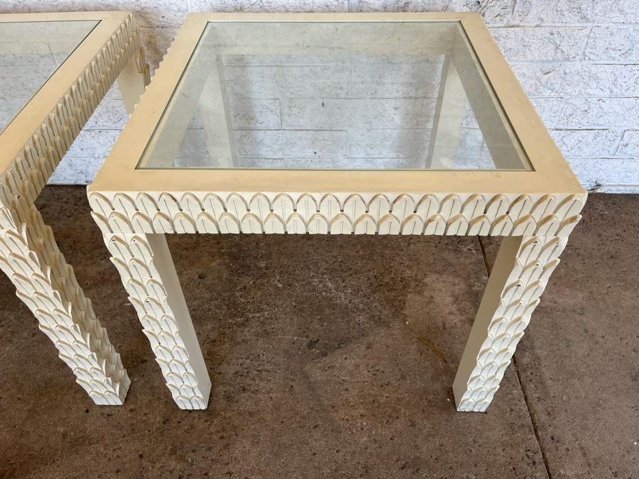 JUST ADDED - Pair Of Painted White Wooden Side Tables With Glass Tops 26W X 26D X 24H [Photo 8]