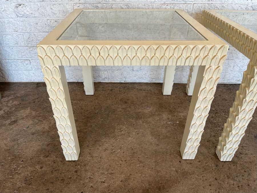 JUST ADDED - Pair Of Painted White Wooden Side Tables With Glass Tops 26W X 26D X 24H [Photo 5]