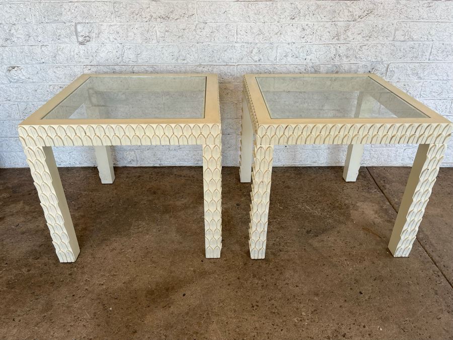 JUST ADDED - Pair Of Painted White Wooden Side Tables With Glass Tops 26W X 26D X 24H [Photo 3]