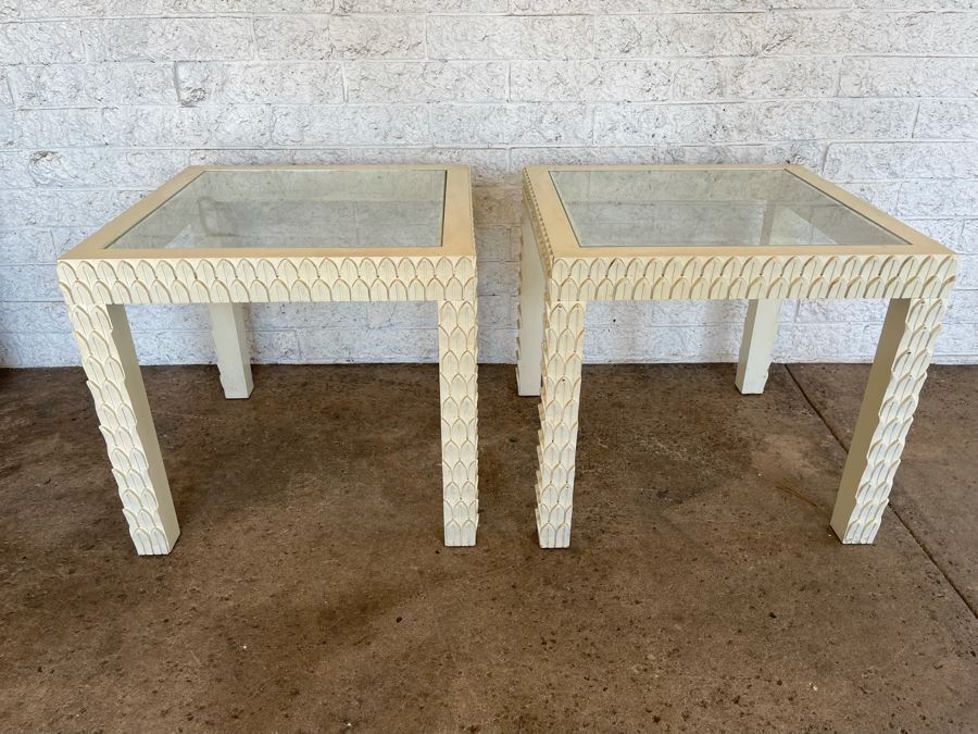 JUST ADDED - Pair Of Painted White Wooden Side Tables With Glass Tops 26W X 26D X 24H [Photo 2]
