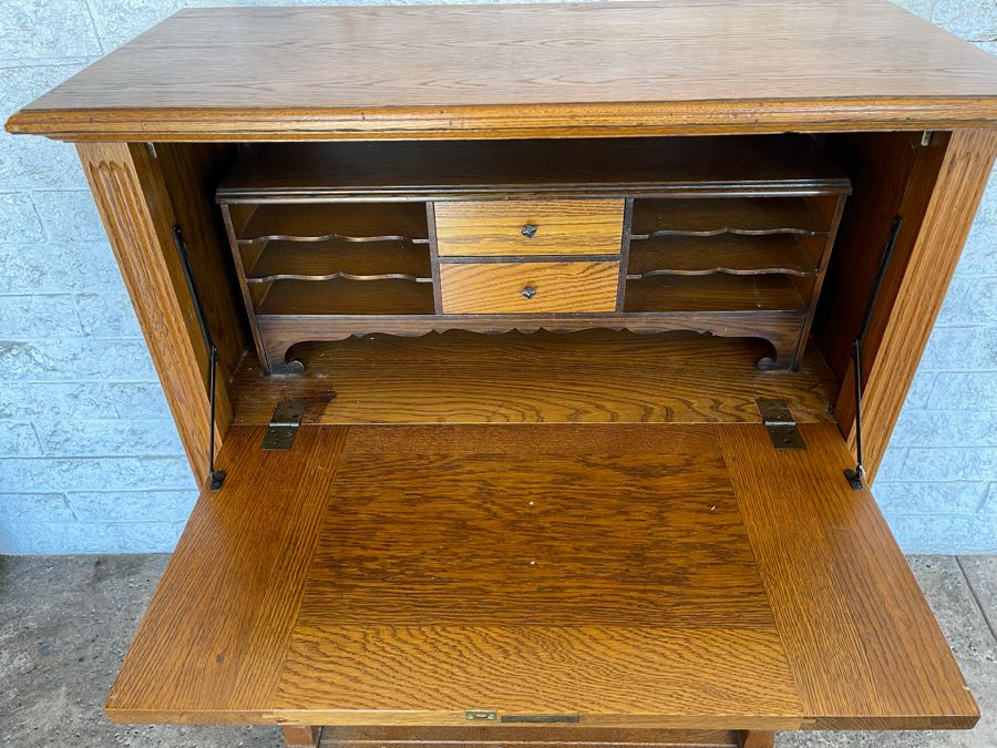 JUST ADDED - Stunning Art Nouveau Inlaid Drop Down Secretary Desk (Bottom Board Has Crack In Wood) 37W X 17D [Photo 10]