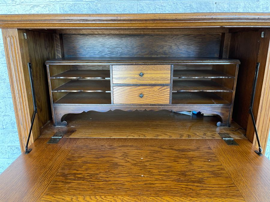 JUST ADDED - Stunning Art Nouveau Inlaid Drop Down Secretary Desk (Bottom Board Has Crack In Wood) 37W X 17D [Photo 11]