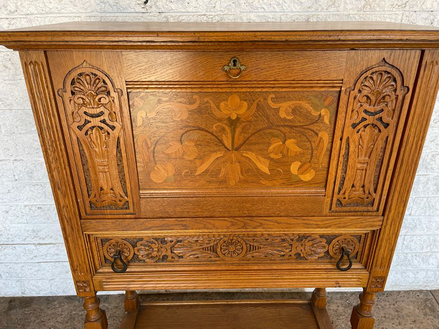 JUST ADDED - Stunning Art Nouveau Inlaid Drop Down Secretary Desk (Bottom Board Has Crack In Wood) 37W X 17D [Photo 5]