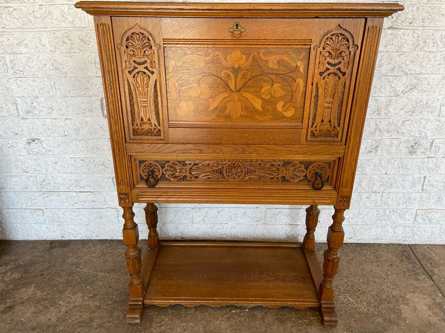 JUST ADDED - Stunning Art Nouveau Inlaid Drop Down Secretary Desk (Bottom Board Has Crack In Wood) 37W X 17D [Photo 4]