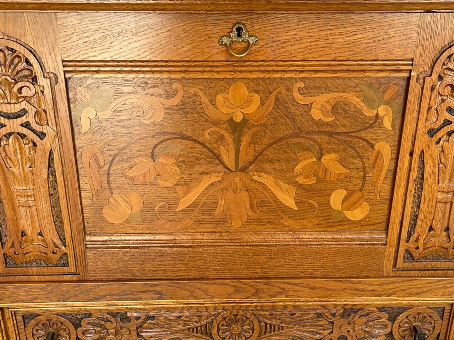 JUST ADDED - Stunning Art Nouveau Inlaid Drop Down Secretary Desk (Bottom Board Has Crack In Wood) 37W X 17D [Photo 6]