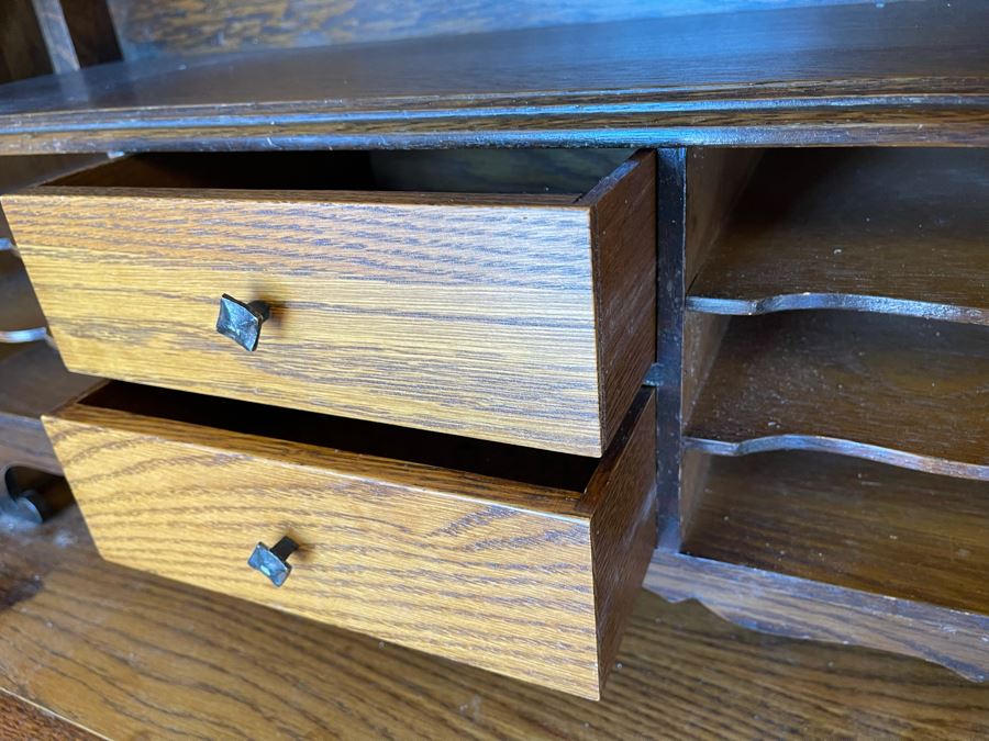 JUST ADDED - Stunning Art Nouveau Inlaid Drop Down Secretary Desk (Bottom Board Has Crack In Wood) 37W X 17D [Photo 12]