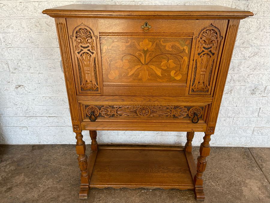 JUST ADDED - Stunning Art Nouveau Inlaid Drop Down Secretary Desk (Bottom Board Has Crack In Wood) 37W X 17D [Photo 3]
