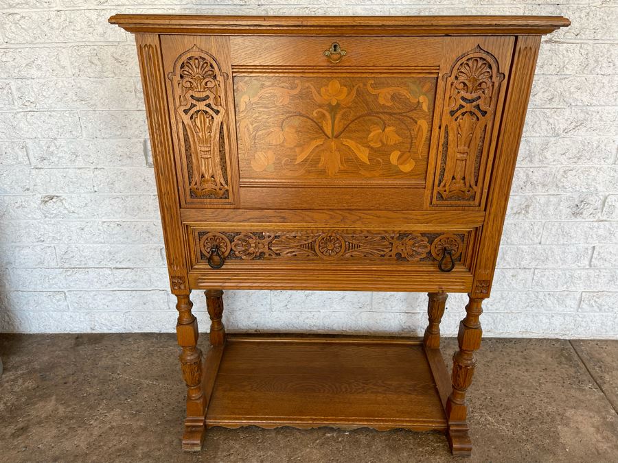 JUST ADDED - Stunning Art Nouveau Inlaid Drop Down Secretary Desk (Bottom Board Has Crack In Wood) 37W X 17D [Photo 1]