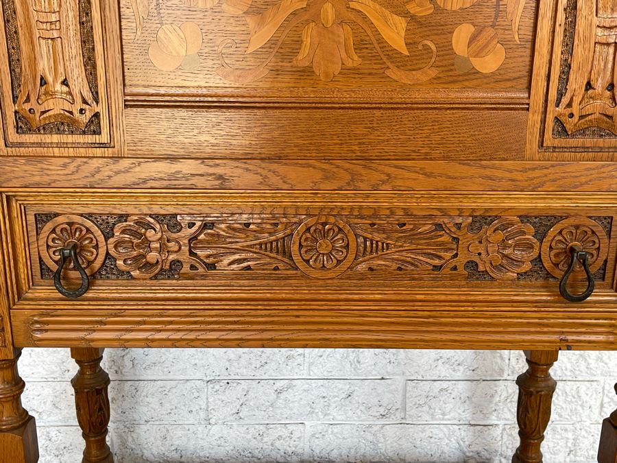 JUST ADDED - Stunning Art Nouveau Inlaid Drop Down Secretary Desk (Bottom Board Has Crack In Wood) 37W X 17D [Photo 8]