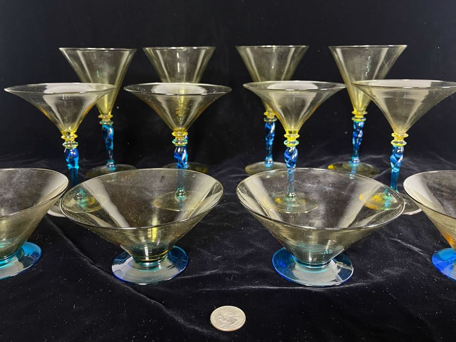 JUST ADDED - Yellow And Blue Crystal Stemware Glasses 12 Glasses