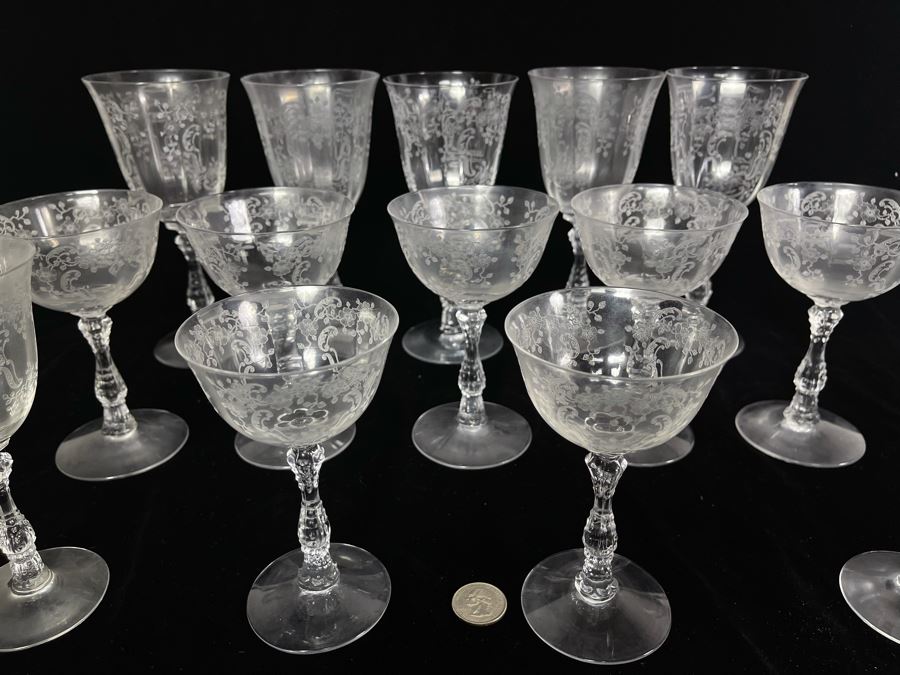 JUST ADDED - Collection Of Etched Crystal Stemware Glasses 14 Total