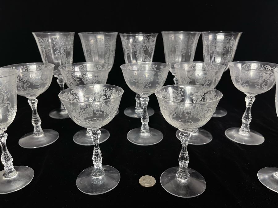 JUST ADDED - Collection Of Etched Crystal Stemware Glasses 14 Total
