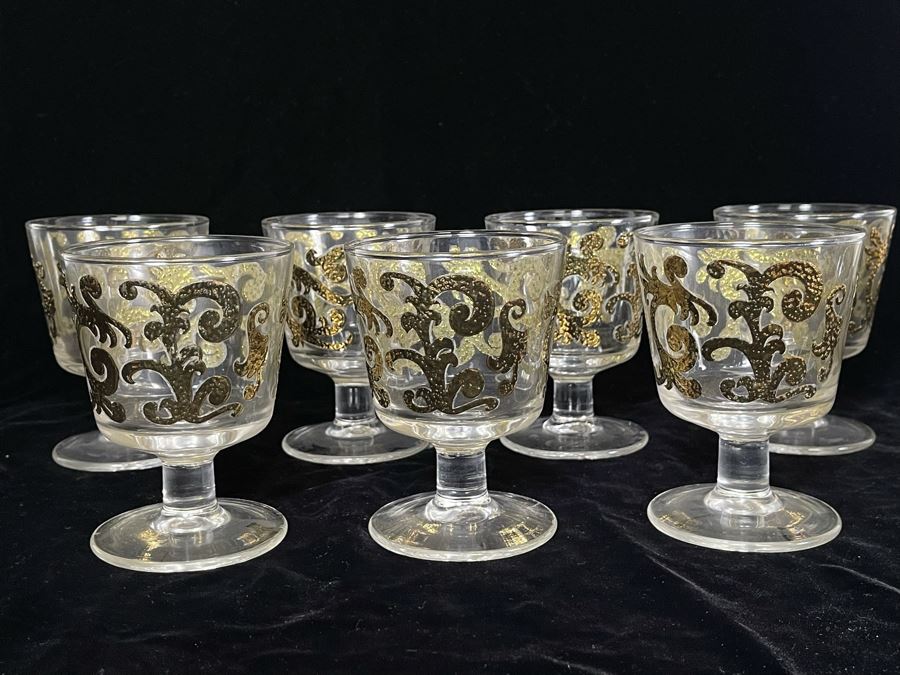 JUST ADDED - Set Of Seven Mid-Century Stemware Glasses 4.5H