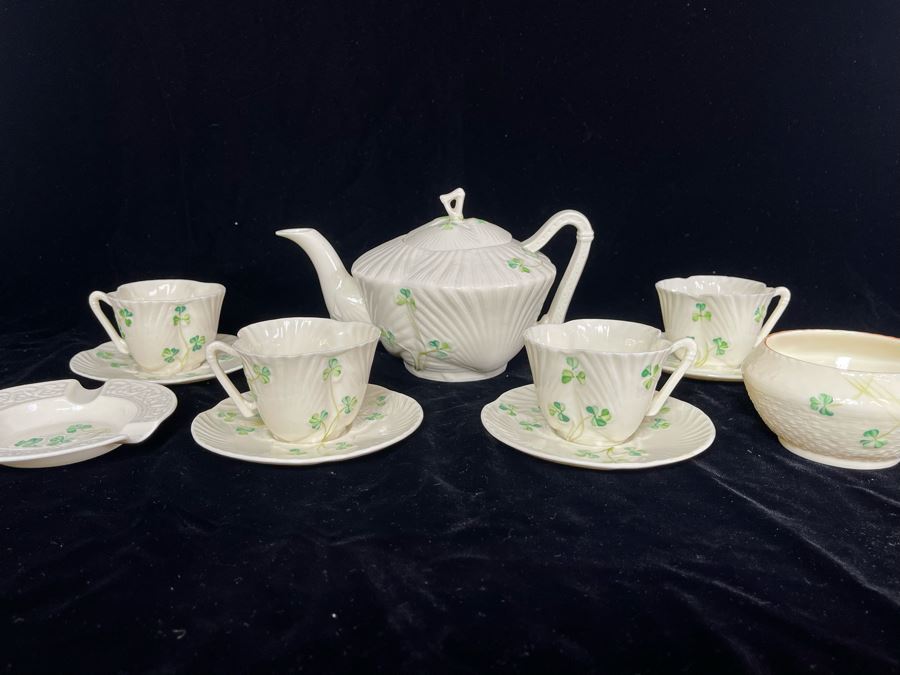 JUST ADDED - Collection Of Belleek Ireland China: Teapot, (4) Demitasse Cups & Saucers, Ashtray And Bowl