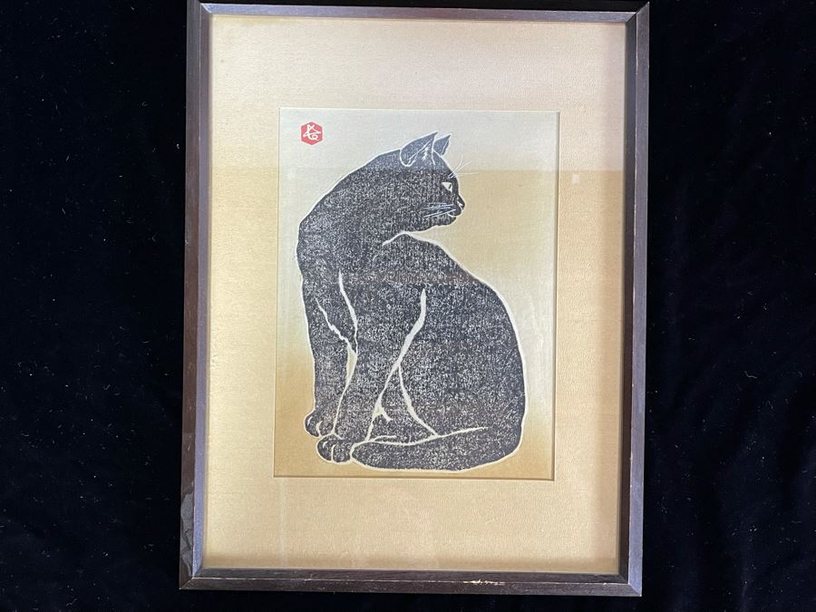 JUST ADDED - Signed Japanese Woodblock Print Of Black Cat Framed 7.5 X 10 [Photo 3]