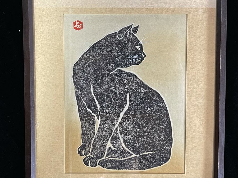 JUST ADDED - Signed Japanese Woodblock Print Of Black Cat Framed 7.5 X 10 [Photo 4]