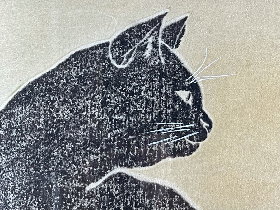 JUST ADDED - Signed Japanese Woodblock Print Of Black Cat Framed 7.5 X 10 [Photo 6]