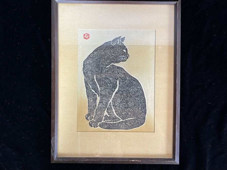 JUST ADDED - Signed Japanese Woodblock Print Of Black Cat Framed 7.5 X 10 [Photo 2]