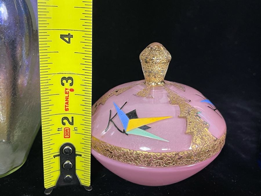 JUST ADDED - Pink Art Deco Lidded Jar, Vintage Vase With Gold Decorated Rim And Blue Gold Decorated Vase 8.75H [Photo 12]