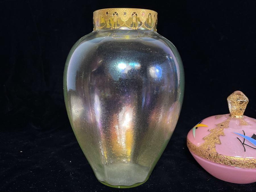 JUST ADDED - Pink Art Deco Lidded Jar, Vintage Vase With Gold Decorated Rim And Blue Gold Decorated Vase 8.75H [Photo 4]