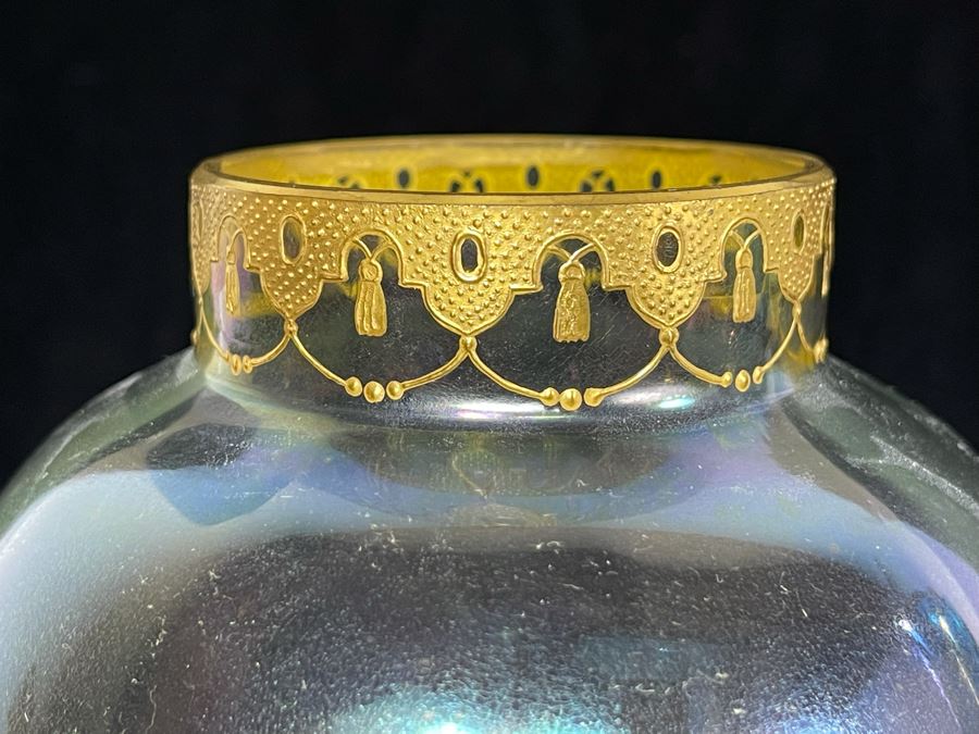 JUST ADDED - Pink Art Deco Lidded Jar, Vintage Vase With Gold Decorated Rim And Blue Gold Decorated Vase 8.75H [Photo 5]