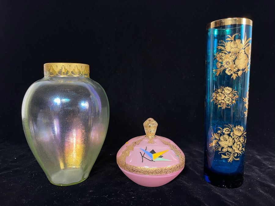 JUST ADDED - Pink Art Deco Lidded Jar, Vintage Vase With Gold Decorated Rim And Blue Gold Decorated Vase 8.75H [Photo 3]