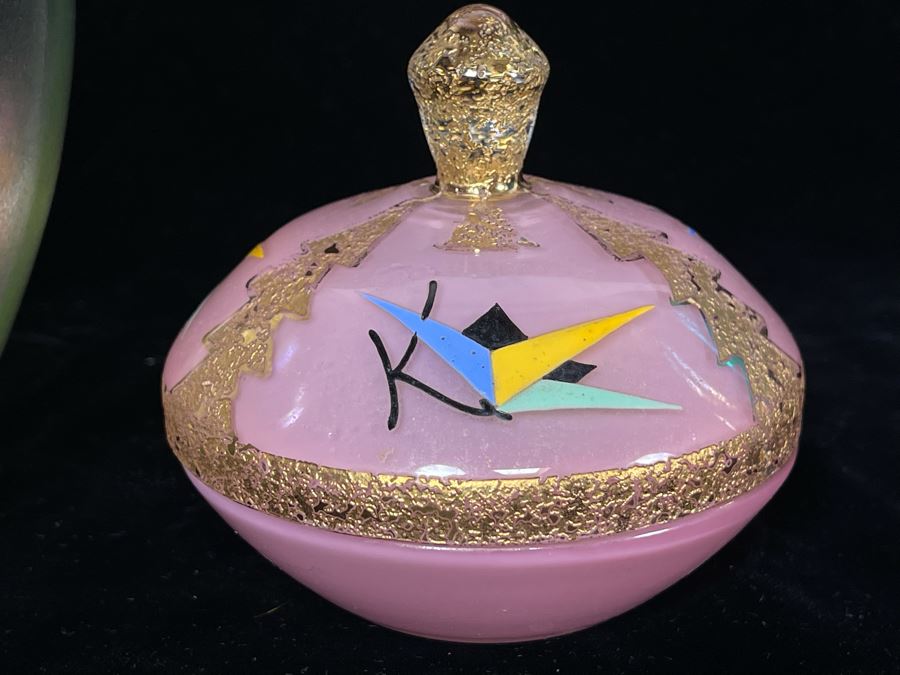 JUST ADDED - Pink Art Deco Lidded Jar, Vintage Vase With Gold Decorated Rim And Blue Gold Decorated Vase 8.75H [Photo 6]