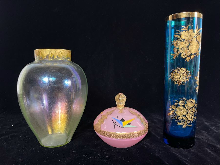 JUST ADDED - Pink Art Deco Lidded Jar, Vintage Vase With Gold Decorated Rim And Blue Gold Decorated Vase 8.75H [Photo 2]