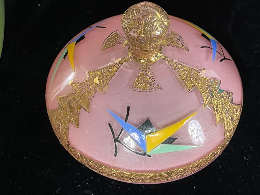 JUST ADDED - Pink Art Deco Lidded Jar, Vintage Vase With Gold Decorated Rim And Blue Gold Decorated Vase 8.75H [Photo 7]