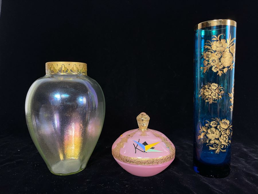 JUST ADDED - Pink Art Deco Lidded Jar, Vintage Vase With Gold Decorated Rim And Blue Gold Decorated Vase 8.75H