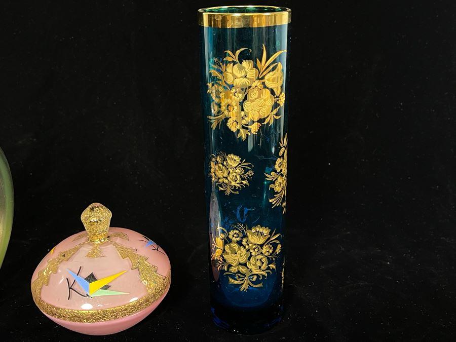 JUST ADDED - Pink Art Deco Lidded Jar, Vintage Vase With Gold Decorated Rim And Blue Gold Decorated Vase 8.75H [Photo 8]