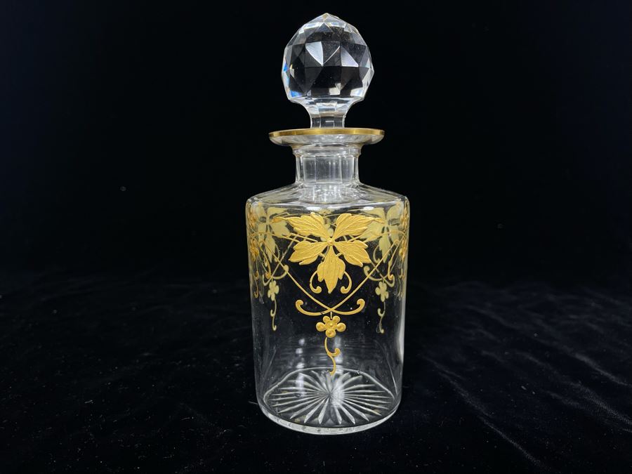 JUST ADDED - Vintage Glass Perfume Bottle With Gold Decorations 7H