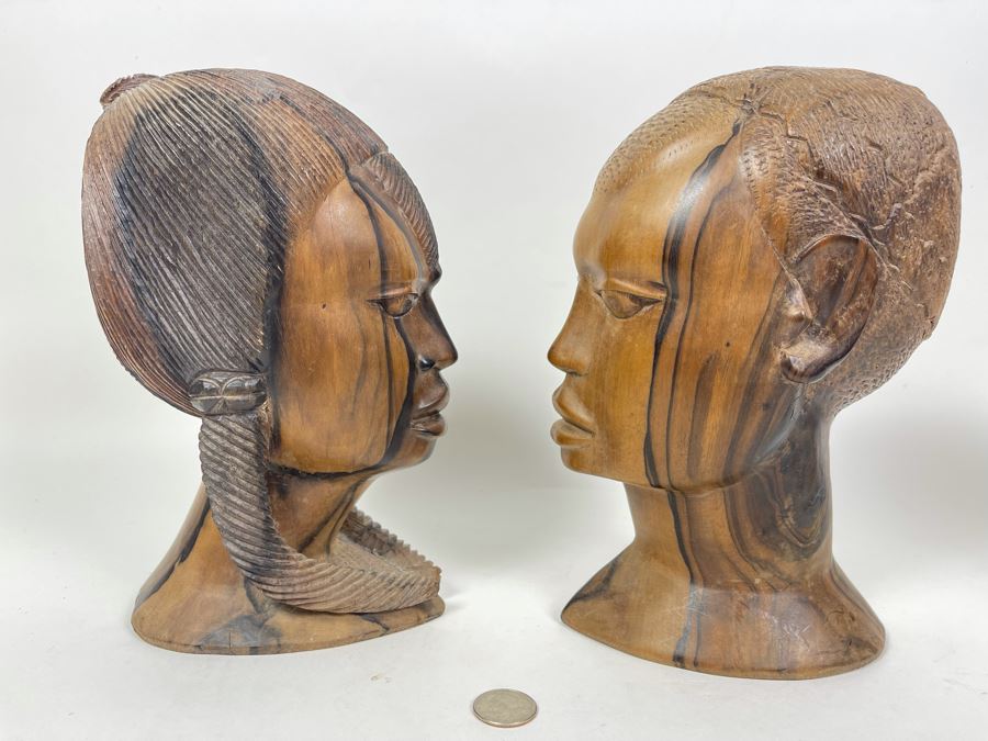 JUST ADDED - Pair Of African Carved Wood Man And Woman Bust Head Sculptures 5W X 6D X 10H Each [Photo 5]
