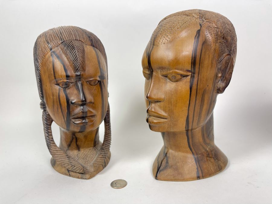 JUST ADDED - Pair Of African Carved Wood Man And Woman Bust Head Sculptures 5W X 6D X 10H Each [Photo 4]