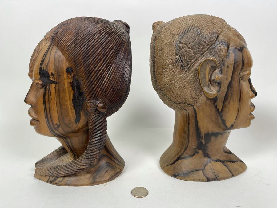 JUST ADDED - Pair Of African Carved Wood Man And Woman Bust Head Sculptures 5W X 6D X 10H Each [Photo 7]