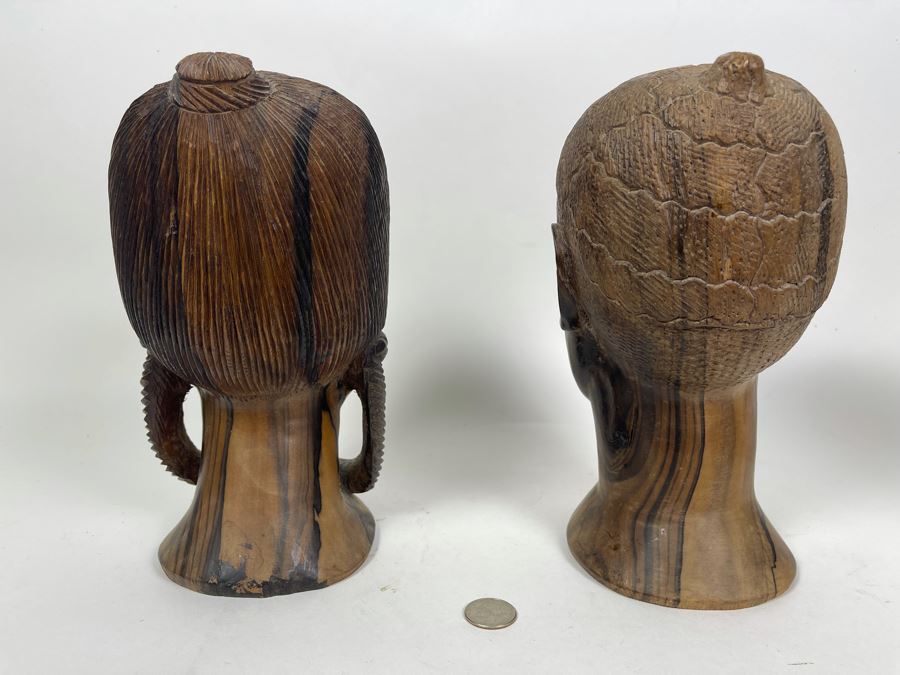 JUST ADDED - Pair Of African Carved Wood Man And Woman Bust Head Sculptures 5W X 6D X 10H Each [Photo 6]