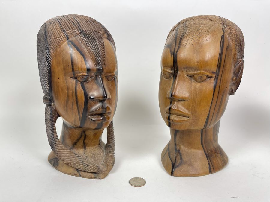 JUST ADDED - Pair Of African Carved Wood Man And Woman Bust Head Sculptures 5W X 6D X 10H Each [Photo 2]