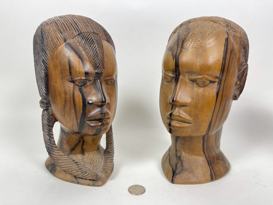 JUST ADDED - Pair Of African Carved Wood Man And Woman Bust Head Sculptures 5W X 6D X 10H Each [Photo 1]
