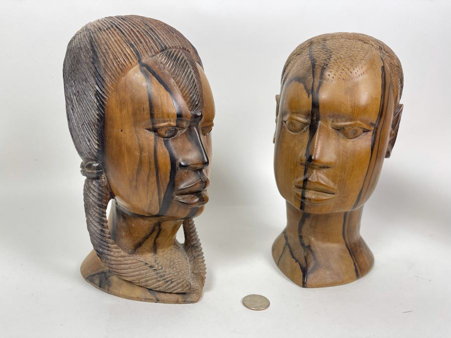 JUST ADDED - Pair Of African Carved Wood Man And Woman Bust Head Sculptures 5W X 6D X 10H Each [Photo 3]