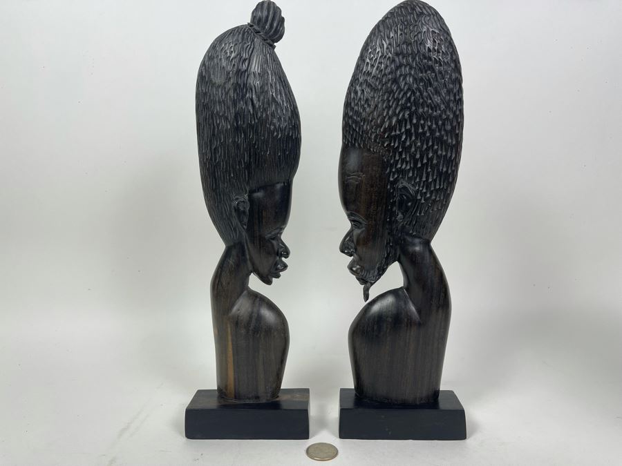 JUST ADDED - Pair Of Ironwood Carved African Sculptures Of Man And Woman 4W X 1.75D X 14H