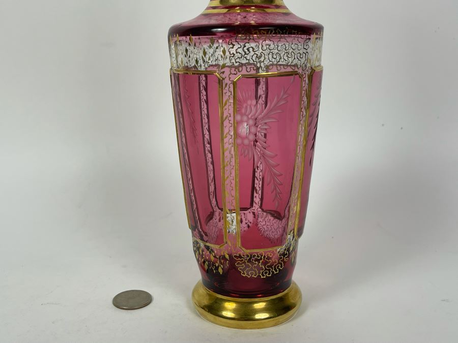 JUST ADDED - Ruby Crystal Etched Decanter With Gold Decorations [Photo 6]
