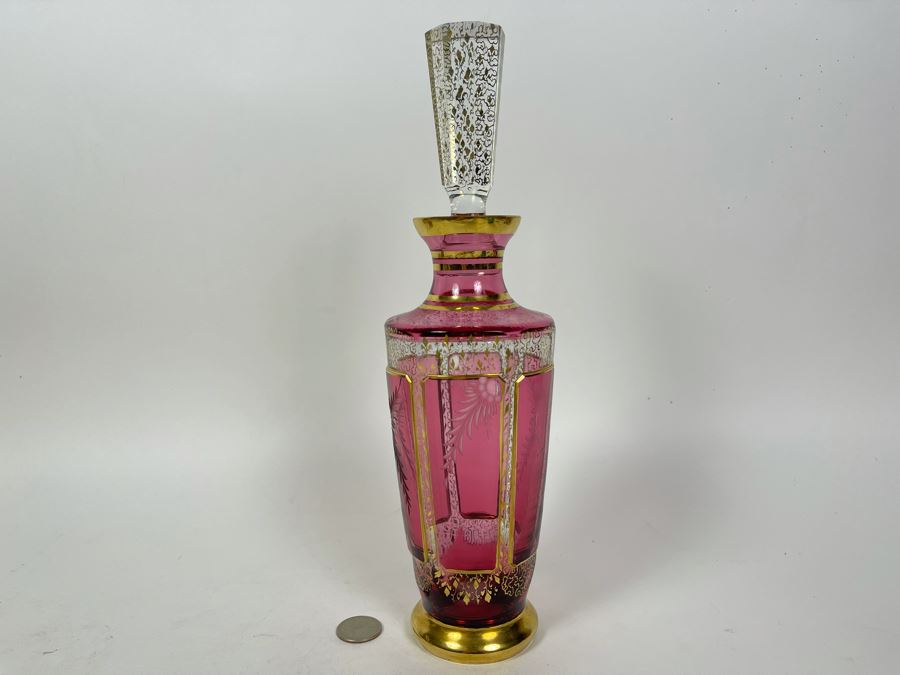 JUST ADDED - Ruby Crystal Etched Decanter With Gold Decorations [Photo 2]