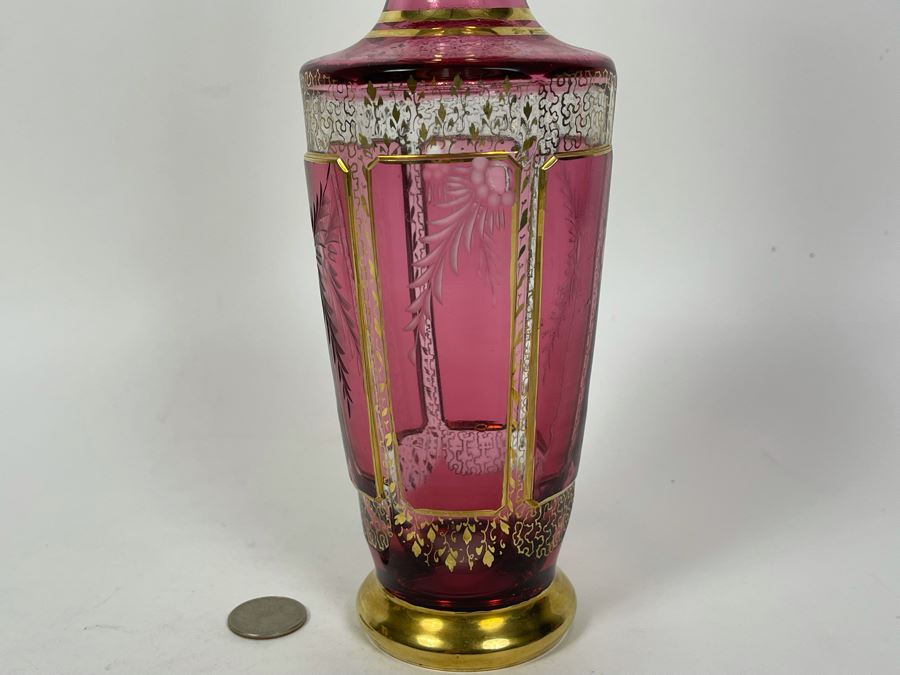 JUST ADDED - Ruby Crystal Etched Decanter With Gold Decorations [Photo 3]