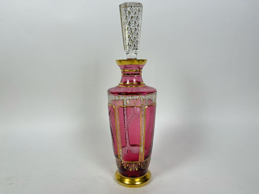 JUST ADDED - Ruby Crystal Etched Decanter With Gold Decorations